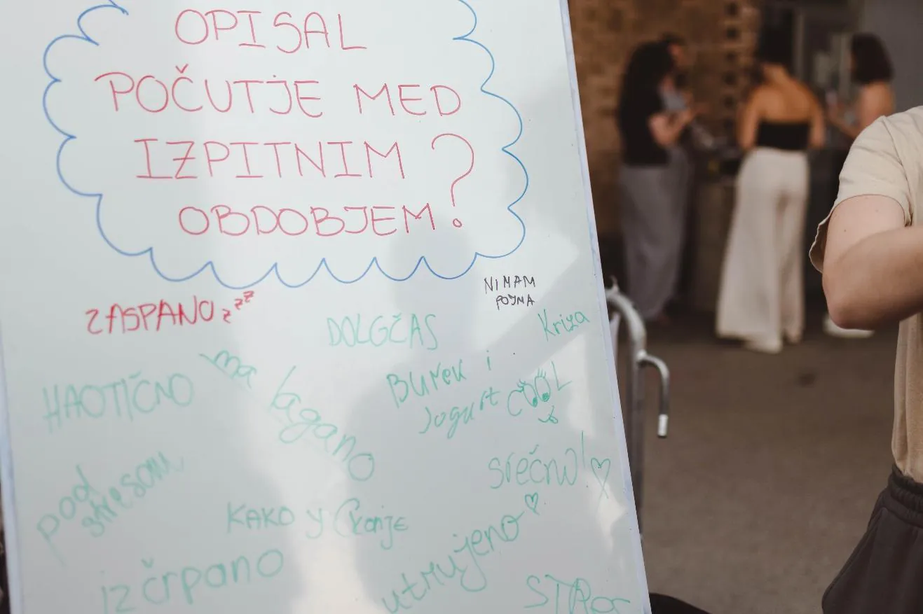 A white board with handwritten student answers about their feelings during the exam period.