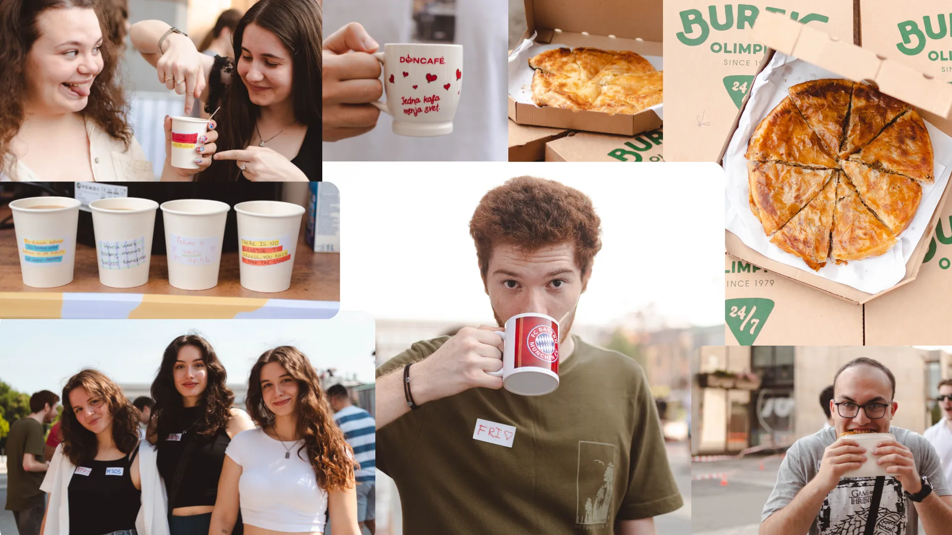 A collage of photos showing students, coffee cups, and burek.