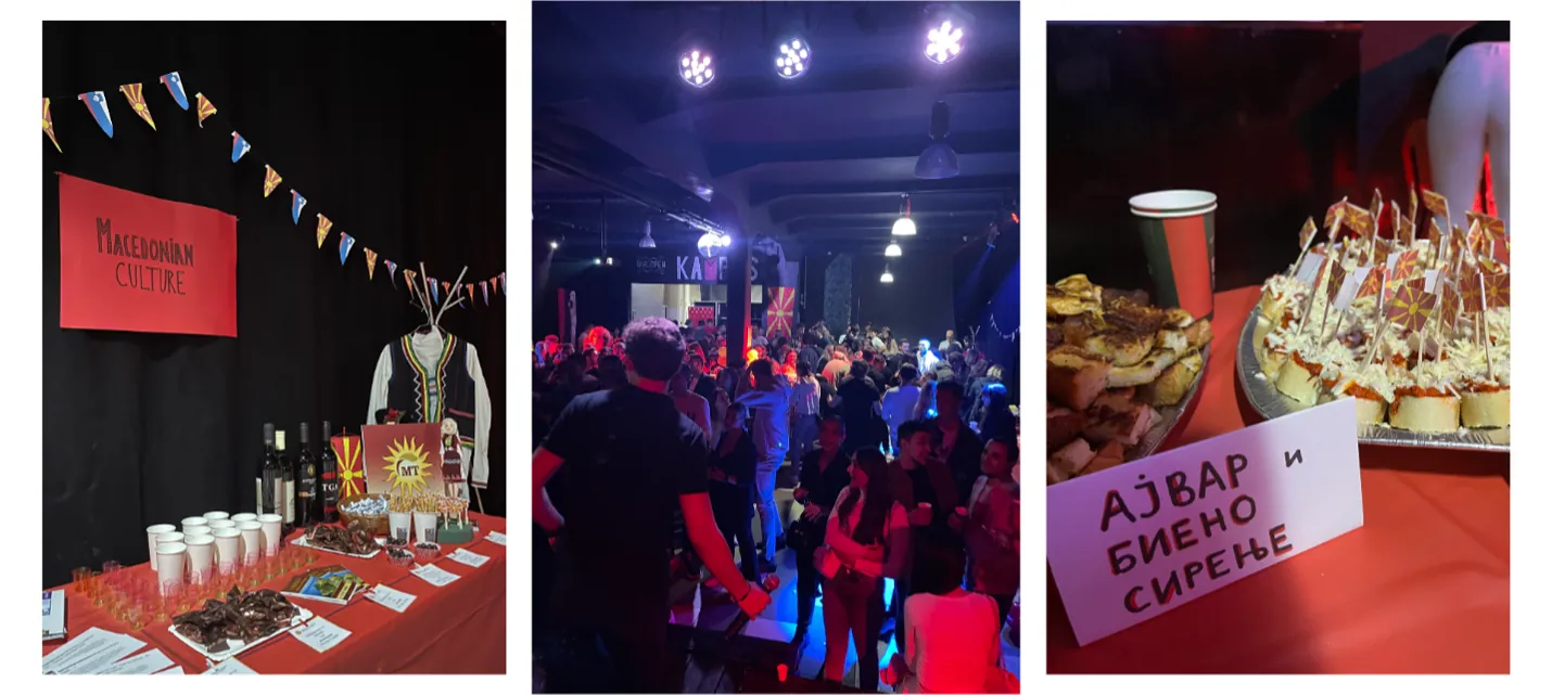 Stands with Macedonian symbols, food, and drinks