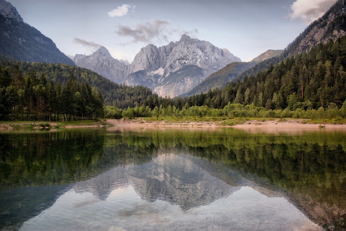 Lake Jasna near Kranjska Gora, with mountain peaks reflected in the water