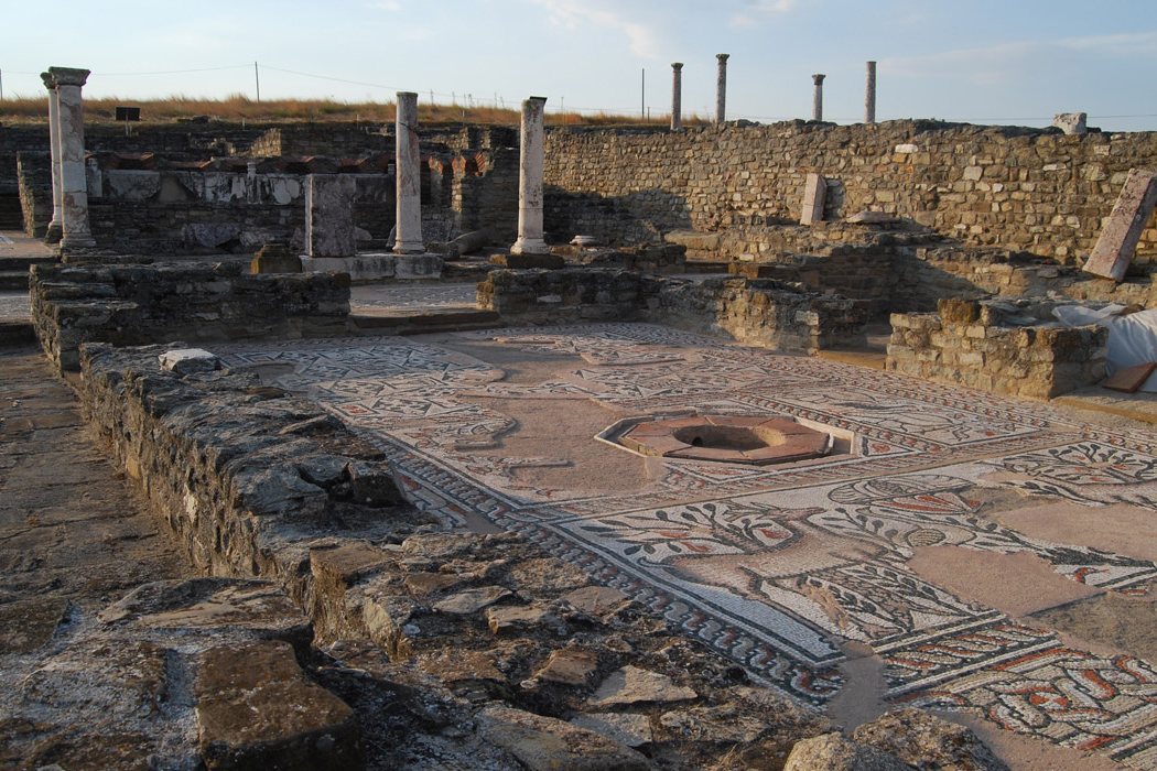 An ancient street and building remains at the archaeological site of Stobi