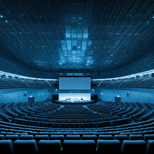 Modern conference hall with blue lighting and stage screen
